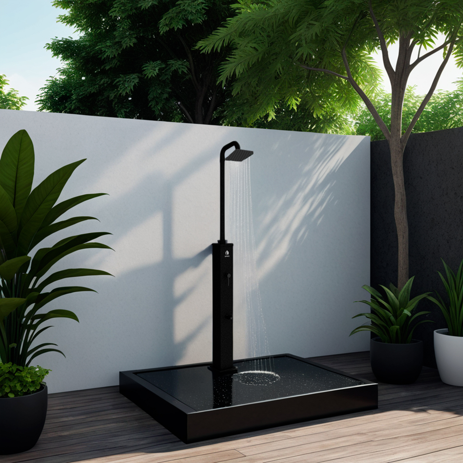 DOCCIA-DINO-NERA-ambientata - Docce Riscaldamento Solare per Giardini e Piscine