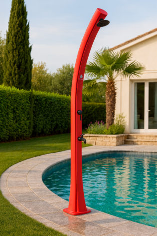 DOCCIA-SOLE-ROSSA-ambientata - Docce Riscaldamento Solare per Giardini e Piscine